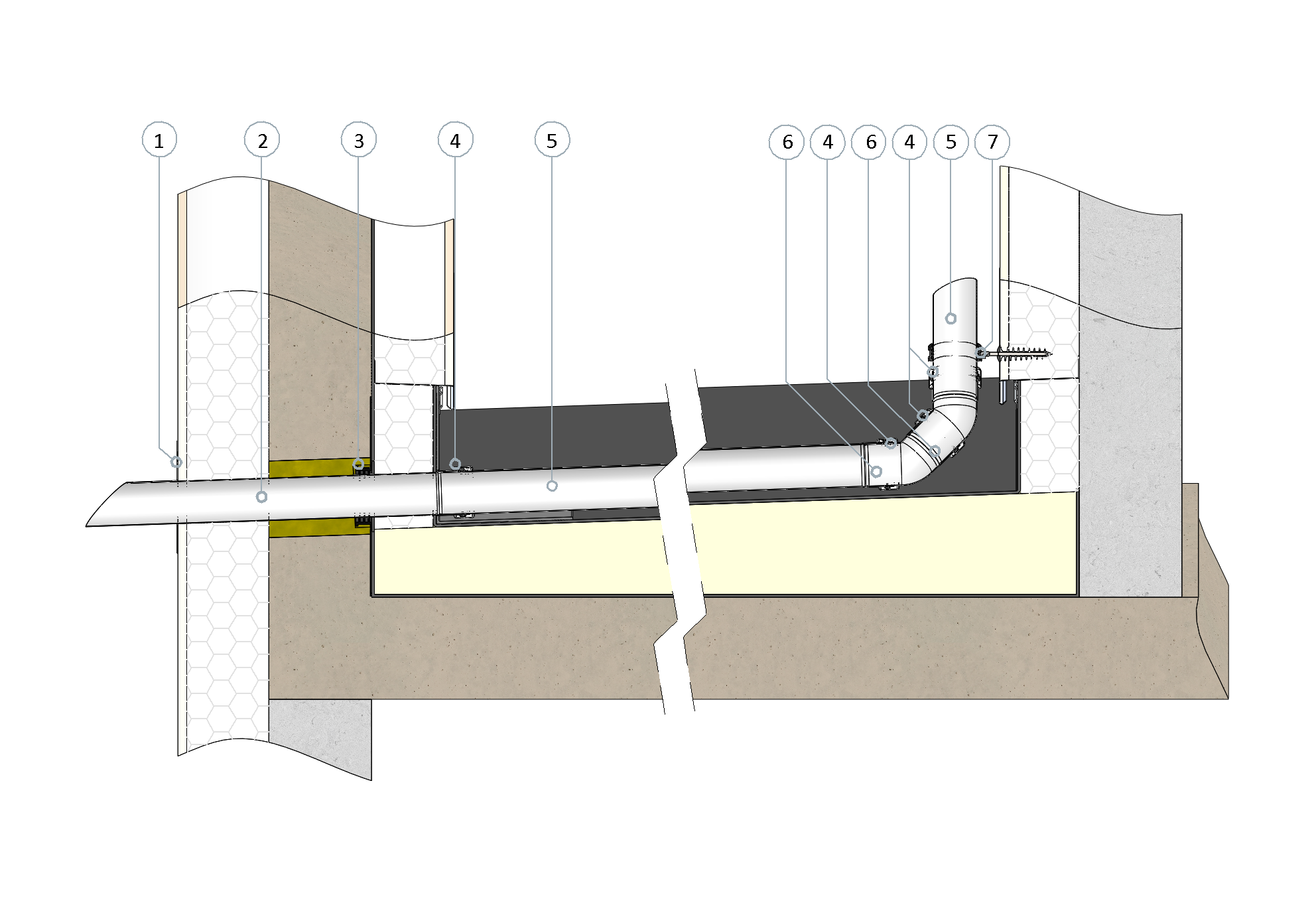 SitaKaskade lead-through Fluid angled as waterspout for emergency drainage in a non-ventilated roof structure